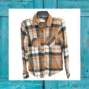 Maurices Gold, Burgundy, Black, White, Blue Plaid Button Shirt Women XS